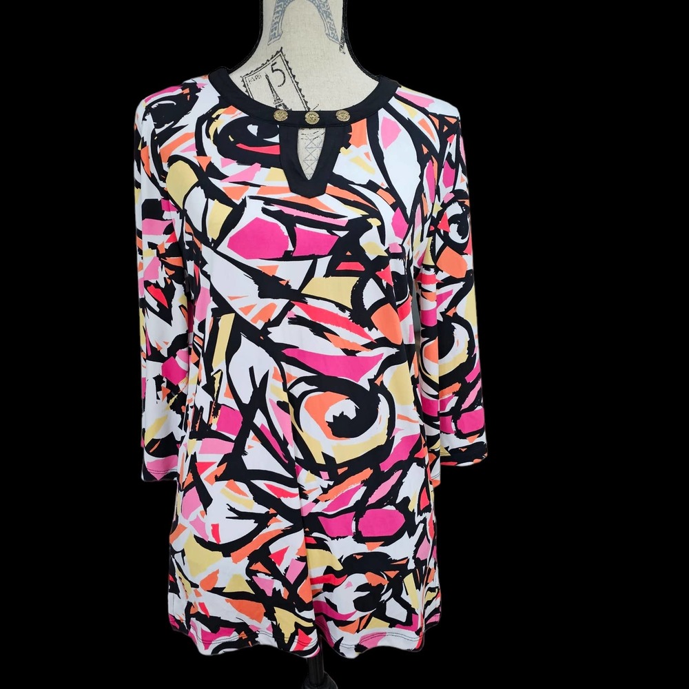 Ann Klein  Small Tunic‎ Blouse Multicolor 3/4 Bell Sleeve Key Hole Neck